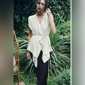 ZARA NEW!! Satin Ecru White Long Vest with Waist Belt Size Large